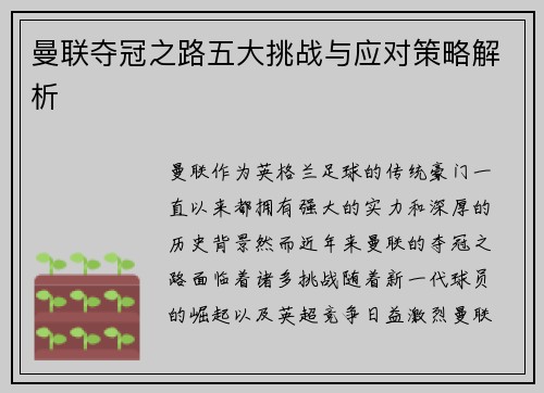 曼联夺冠之路五大挑战与应对策略解析