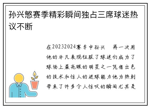 孙兴慜赛季精彩瞬间独占三席球迷热议不断