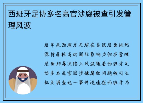 西班牙足协多名高官涉腐被查引发管理风波 西班牙足协多名高官涉腐被查引发管理风波
