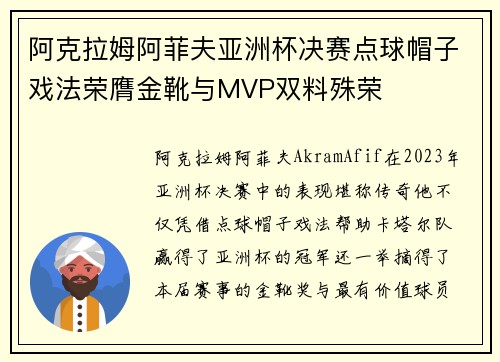 阿克拉姆阿菲夫亚洲杯决赛点球帽子戏法荣膺金靴与MVP双料殊荣