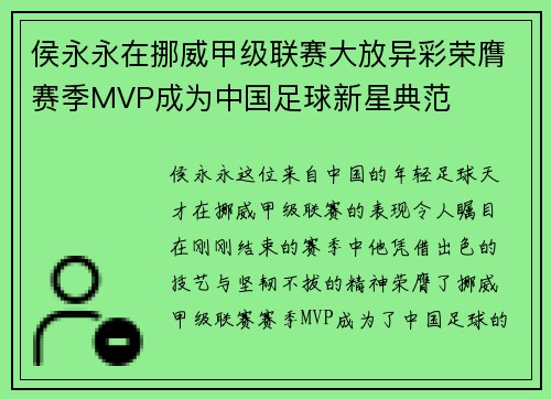侯永永在挪威甲级联赛大放异彩荣膺赛季MVP成为中国足球新星典范 侯永永在挪威甲级联赛大放异彩荣膺赛季MVP成为中国足球新星典范