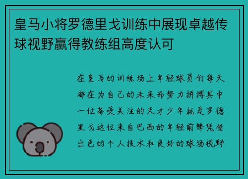 皇马小将罗德里戈训练中展现卓越传球视野赢得教练组高度认可